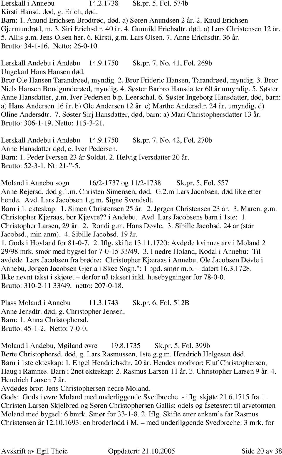 Lerskall Andebu i Andebu 14.9.1750 Sk.pr. 7, No. 41, Fol. 269b Ungekarl Hans Hansen død. Bror Ole Hansen Tarandrøed, myndig. 2. Bror Frideric Hansen, Tarandrøed, myndig. 3.