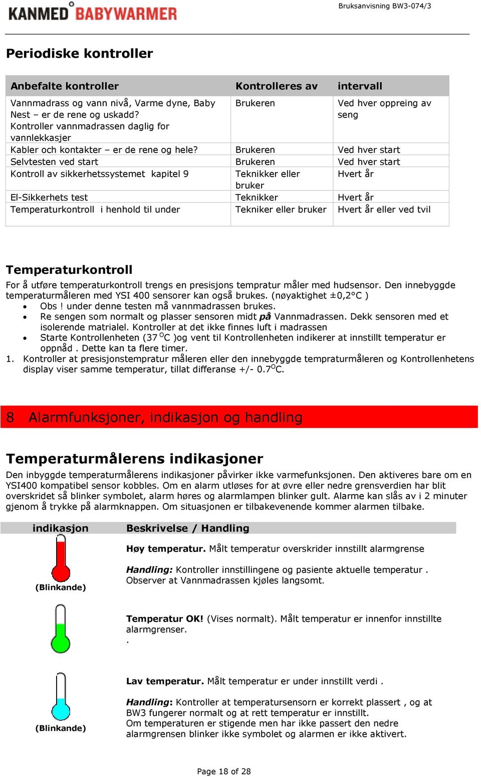 Brukeren Ved hver start Selvtesten ved start Brukeren Ved hver start Kontroll av sikkerhetssystemet kapitel 9 Teknikker eller Hvert år bruker El-Sikkerhets test Teknikker Hvert år Temperaturkontroll