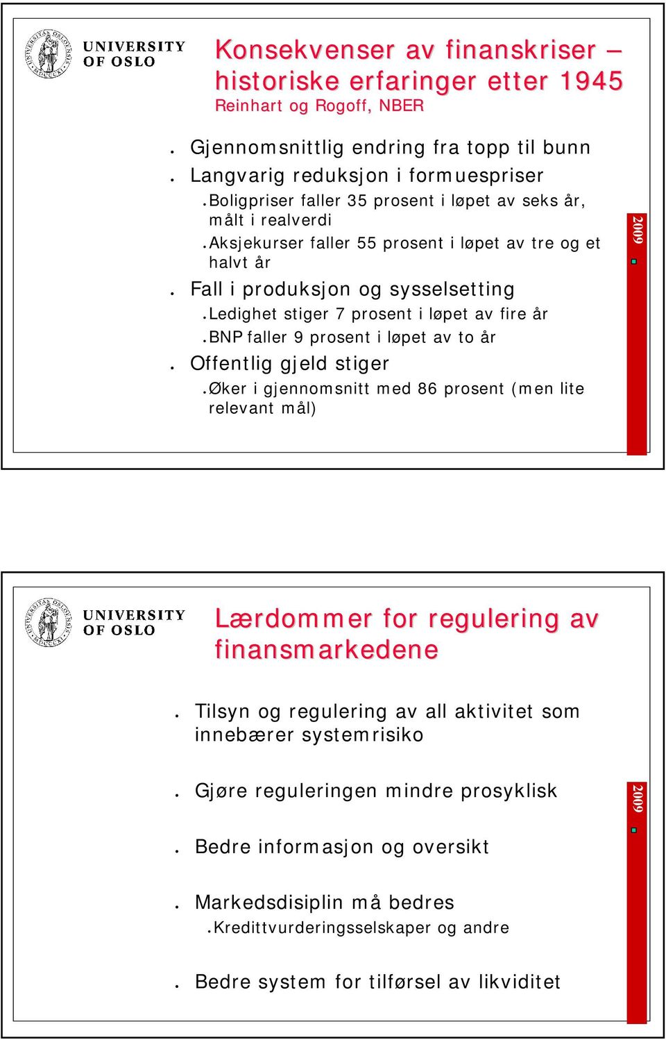 faller 9 prosent i løpet av to år Offentlig gjeld stiger Øker i gjennomsnitt med 86 prosent (men lite relevant mål) Lærdommer for regulering av finansmarkedene Tilsyn og regulering av all