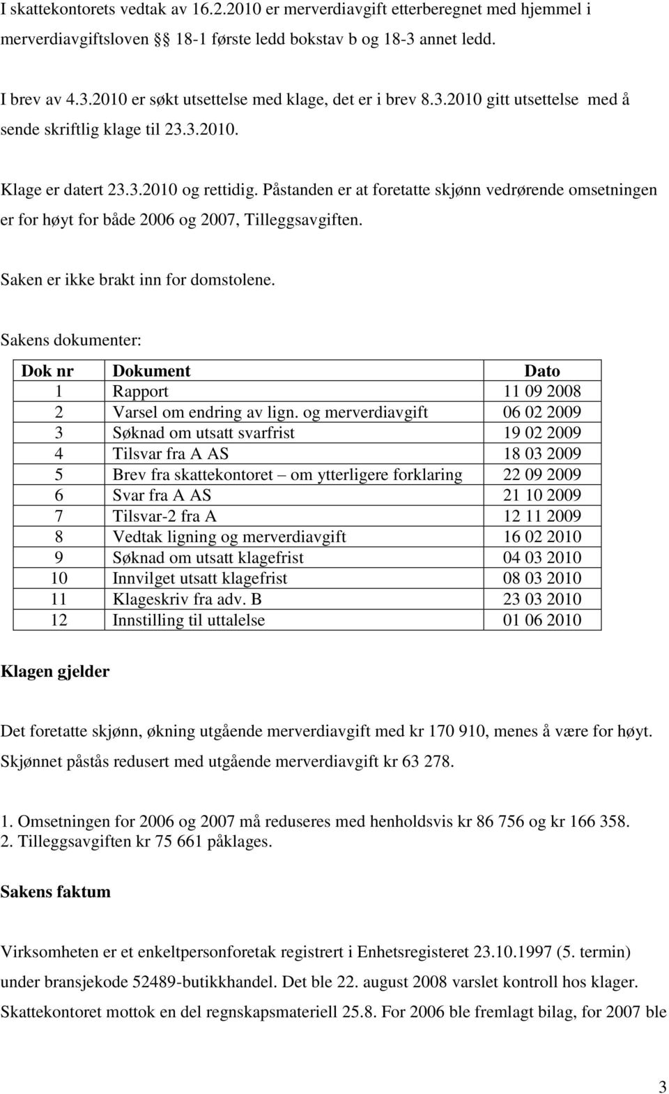 Påstanden er at foretatte skjønn vedrørende omsetningen er for høyt for både 2006 og 2007, Tilleggsavgiften. Saken er ikke brakt inn for domstolene.