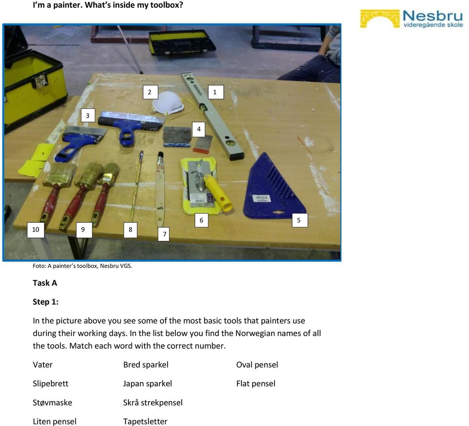 days. In the list below you find the Norwegian names of all the tools. Match each word with the correct number.