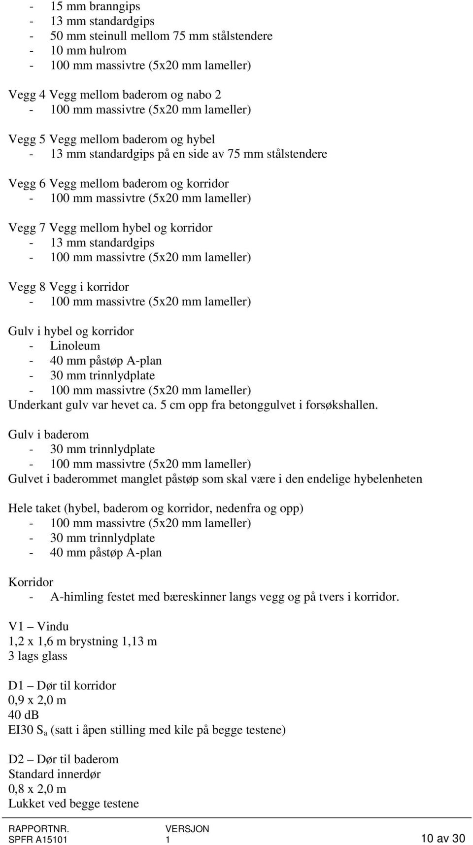 hybel og korridor - 13 mm standardgips - 100 mm massivtre (5x20 mm lameller) Vegg 8 Vegg i korridor - 100 mm massivtre (5x20 mm lameller) Gulv i hybel og korridor - Linoleum - 40 mm påstøp A-plan -