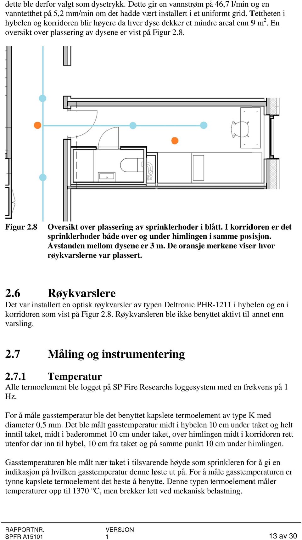 8. Figur 2.8 Oversikt over plasseringg av sprinklerhoder i blått. I korridoren er det sprinklerhoder både over og under himlingen i samme posisjon. Avstanden mellom dysene er 3 m.