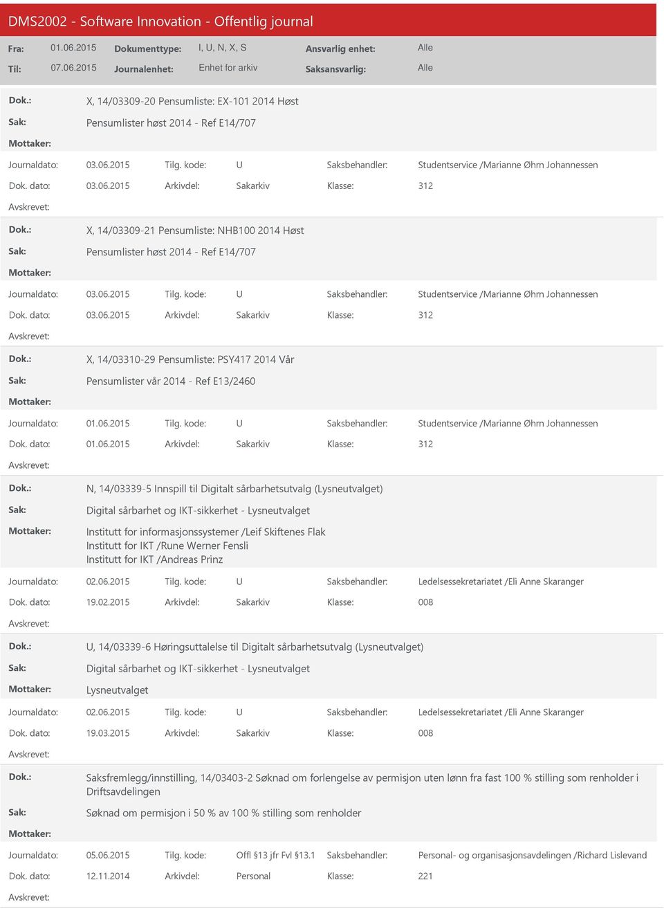 2015 312 X, 14/03310-29 Pensumliste: PSY417 2014 Vår Pensumlister vår 2014 - Ref E13/2460 Journaldato: Tilg.