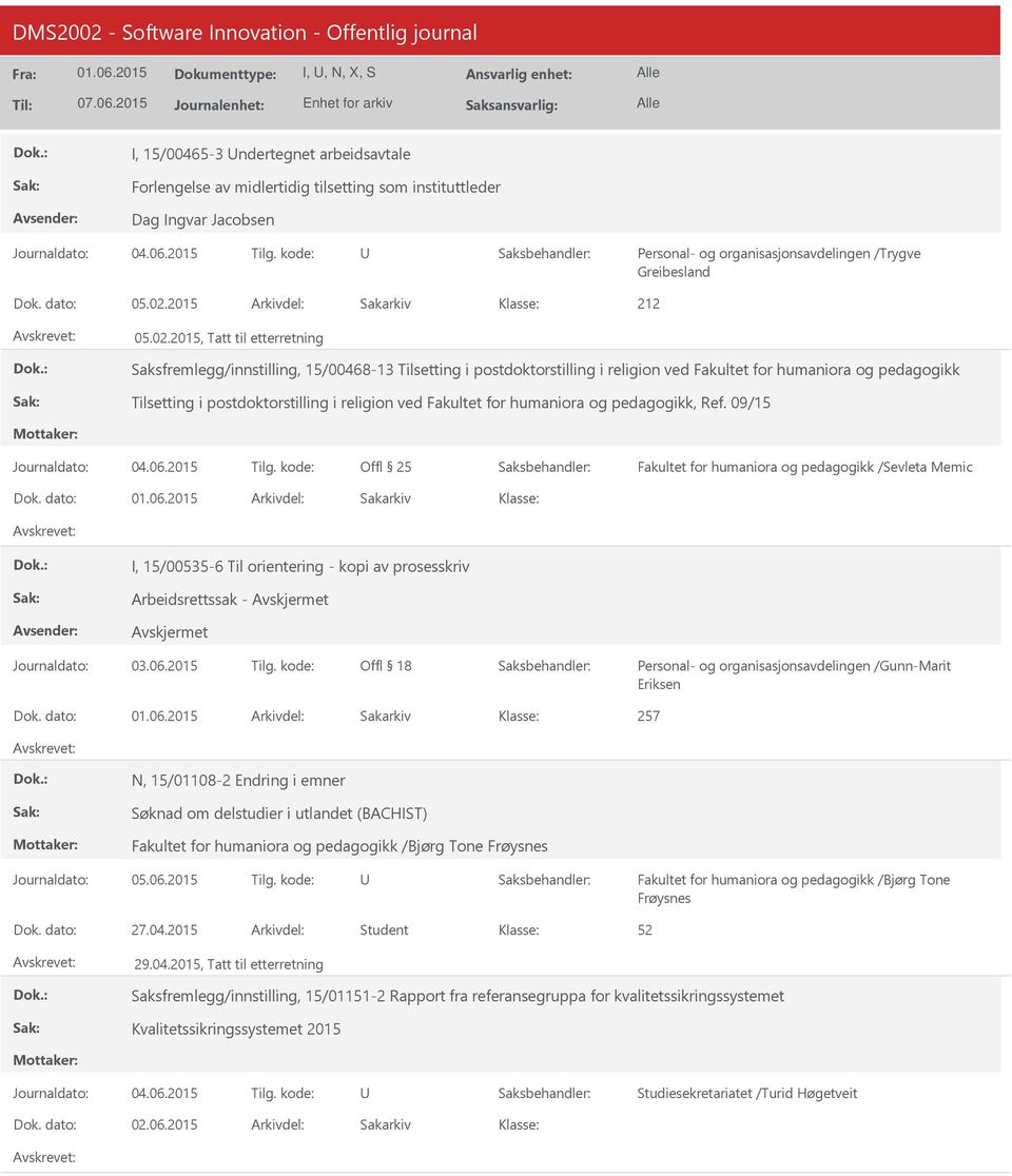 2015, Tatt til etterretning Saksfremlegg/innstilling, 15/00468-13 Tilsetting i postdoktorstilling i religion ved Fakultet for humaniora og pedagogikk Tilsetting i postdoktorstilling i religion ved