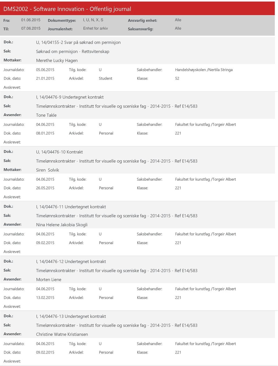 05.2015 Personal I, 14/04476-11 ndertegnet kontrakt Timelønnskontrakter - Institutt for visuelle og sceniske fag - 2014-2015 - Ref E14/583 Nina Helene Jakobia Skogli Fakultet for kunstfag /Torgeir