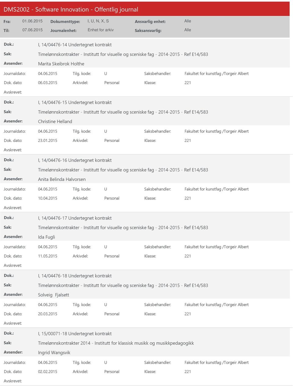 01.2015 Personal I, 14/04476-16 ndertegnet kontrakt Timelønnskontrakter - Institutt for visuelle og sceniske fag - 2014-2015 - Ref E14/583 Anita Belinda Halvorsen Fakultet for kunstfag /Torgeir