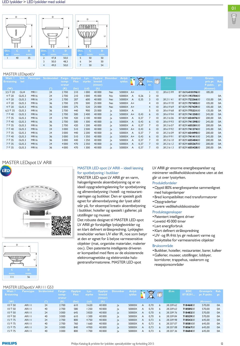 nr. EO Grunnpris pr. im. nr. Rab. gr. (W) ( ) (K) (lm) (cd) (h) (Kroner) 3,5 = 20 GU4 MR11 24 2 700 210 1 000 40 000 Nei 50000X A+ 1 12 38 615 99 871869641019600 185,00 4 = 20 GU5.