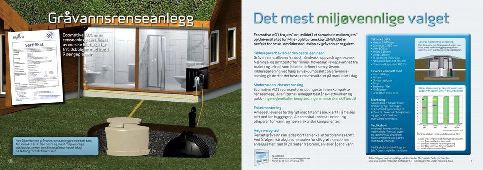 Ecomotive A01 fra Jets er utviklet i et samarbeid mellom Jets og Universitetet for Miljø- og Biovitenskap (UMB). Det er perfekt for bruk i områder der utslipp av gråvann er regulert.