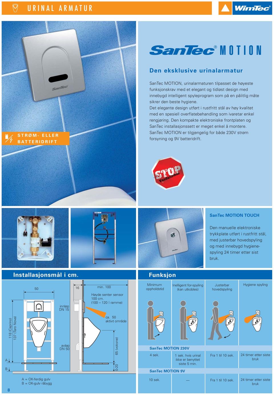 Den kompakte elektroniske frontplaten og SanTec installasjonssett er meget enkel å montere. SanTec MOTION er tilgjengelig for både 230V strøm forsyning og 9V batteridrift.