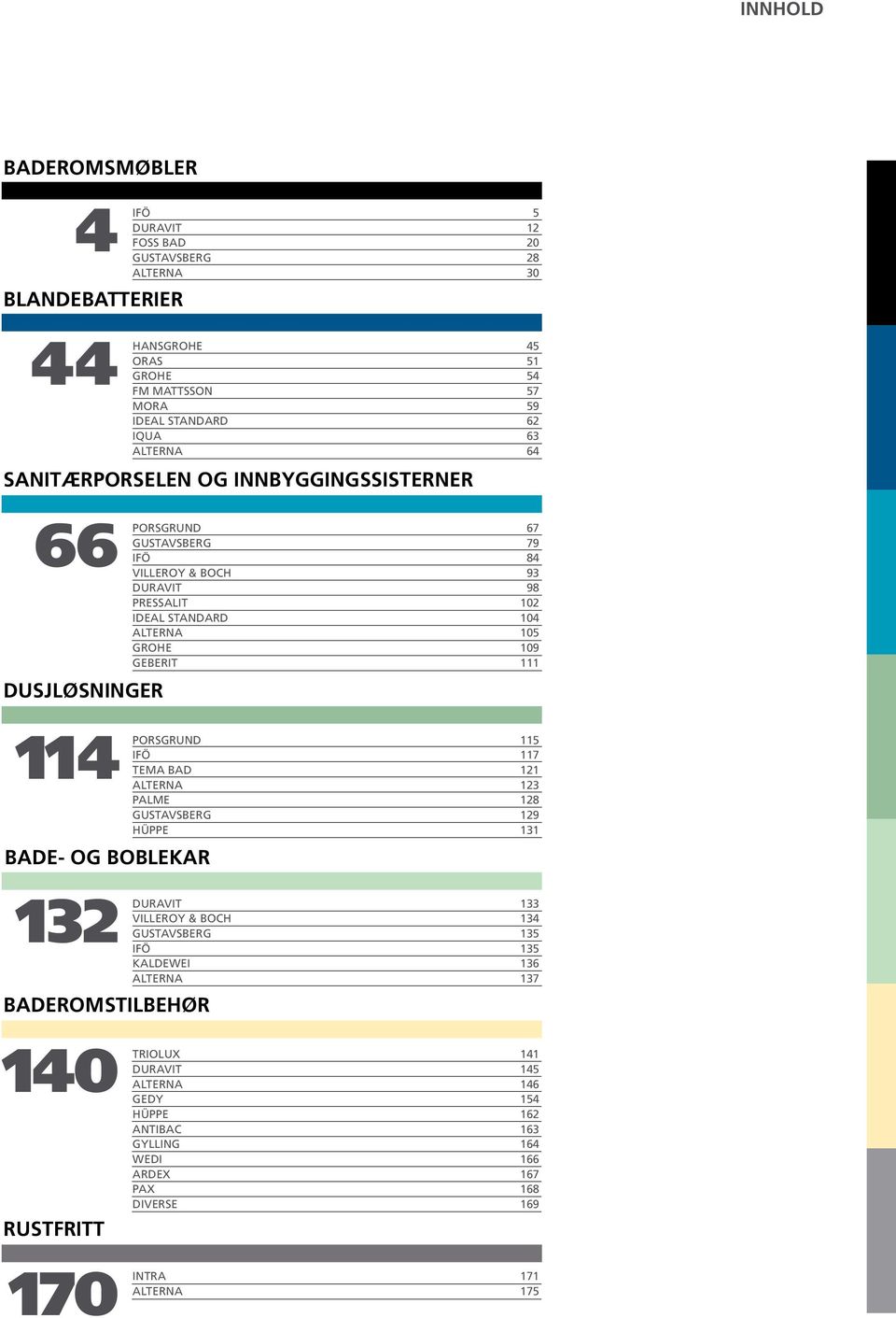 Ideal Standard 104 Alterna 105 Grohe 109 Geberit 111 PORSGRUND 115 IFÖ 117 TEMA BAD 121 ALTERNA 123 PALME 128 GUSTAVSBERG 129 HÜPPE 131 DURAVIT 133 VILLEROY & BOCH 134 GUSTAVSBERG 135