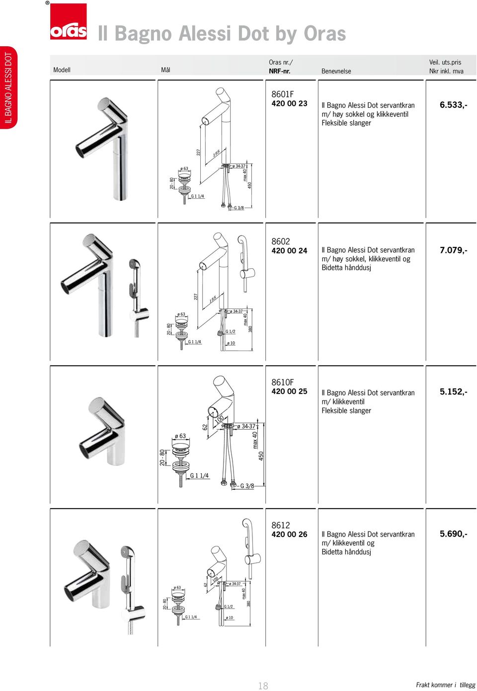 533,- 8602 420 00 24 Il Bagno Alessi Dot servantkran m/ høy sokkel, klikkeventil og Bidetta hånddusj 7.