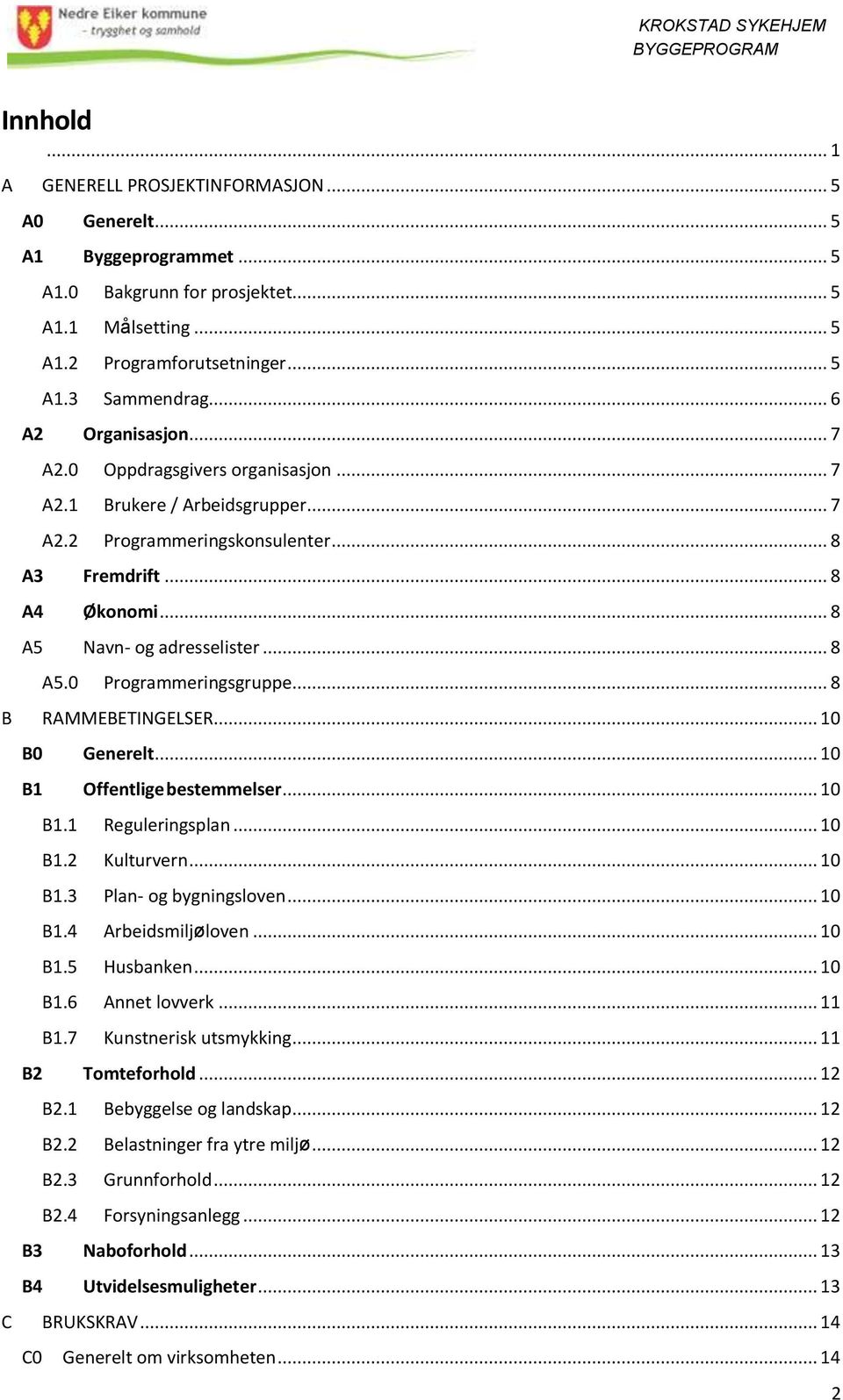 .. 8 A5.0 Programmeringsgruppe... 8 B RAMMEBETINGELSER... 10 B0 Generelt... 10 B1 Offentlige bestemmelser... 10 B1.1 Reguleringsplan... 10 B1.2 Kulturvern... 10 B1.3 Plan- og bygningsloven... 10 B1.4 Arbeidsmiljøloven.