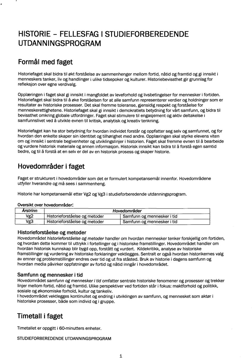 Opplæringen i faget skal gi innsikt i mangfoldet av leveforhold og livsbetingelser for mennesker i fortiden.