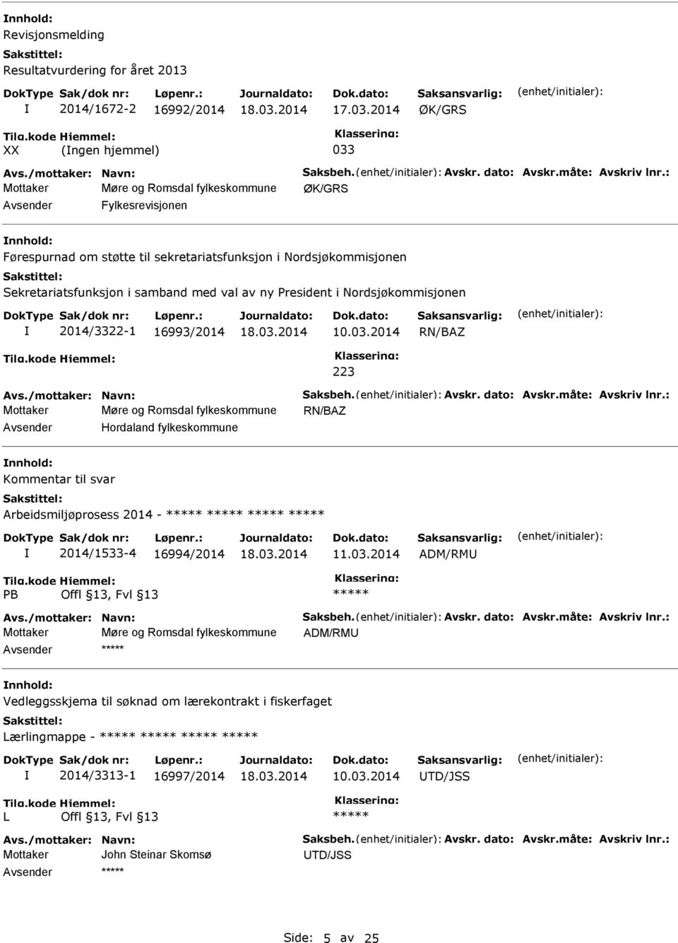 President i Nordsjøkommisjonen 2014/3322-1 16993/2014 10.03.2014 RN/BAZ 223 Avs./mottaker: Navn: Saksbeh. Avskr. dato: Avskr.måte: Avskriv lnr.