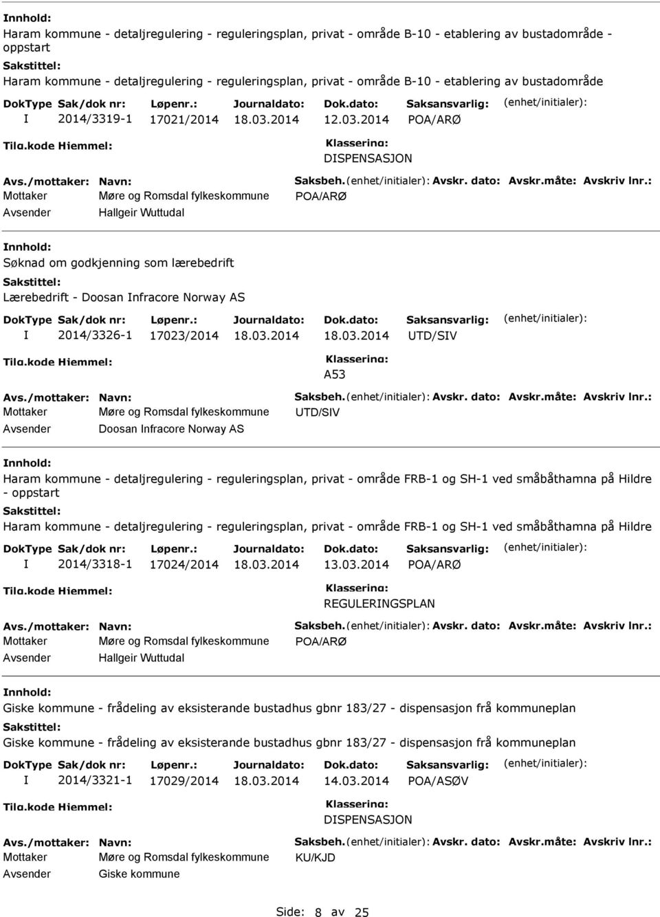 : Mottaker Møre og Romsdal fylkeskommune POA/ARØ Avsender Hallgeir Wuttudal nnhold: om godkjenning som lærebedrift Lærebedrift - Doosan nfracore Norway AS 2014/3326-1 17023/2014 UTD/SV A53 Avs.