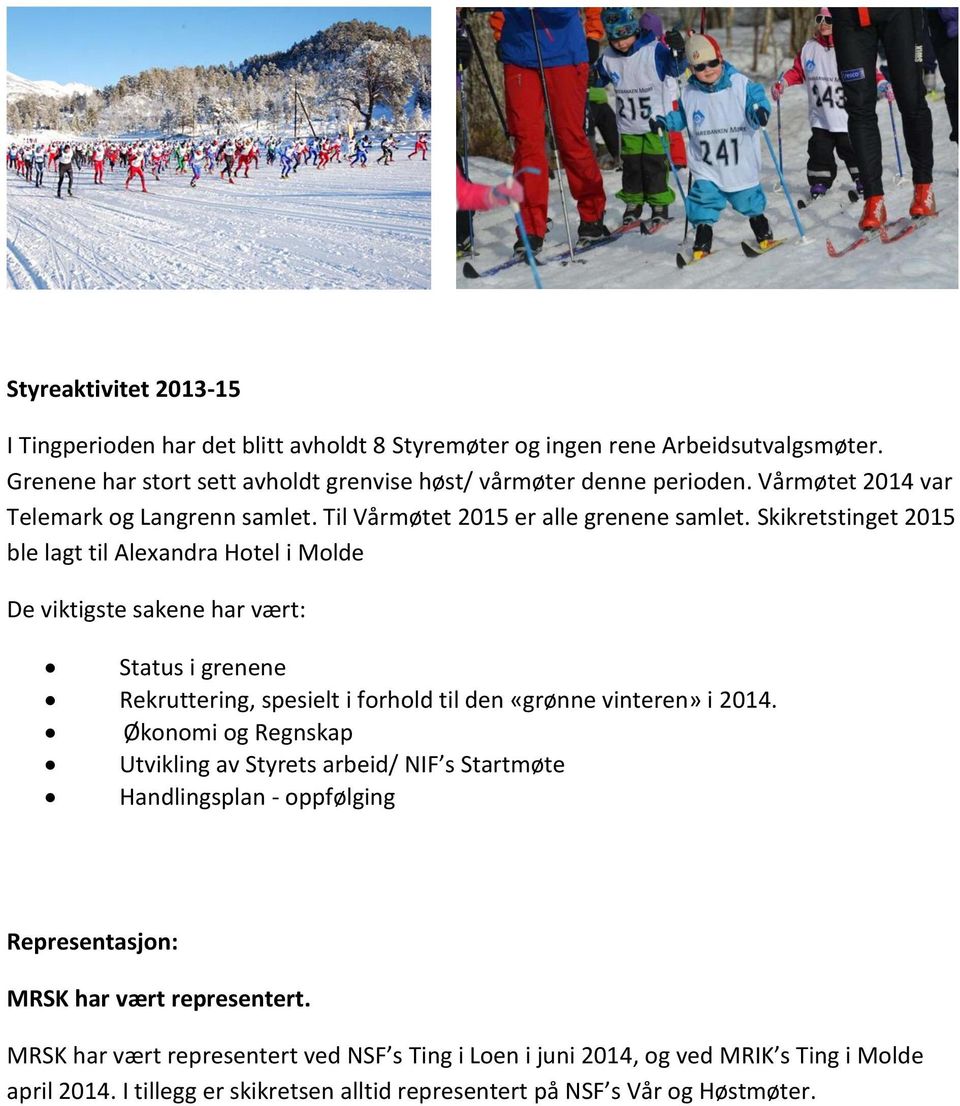 Skikretstinget 2015 ble lagt til Alexandra Hotel i Molde De viktigste sakene har vært: Status i grenene Rekruttering, spesielt i forhold til den «grønne vinteren» i 2014.
