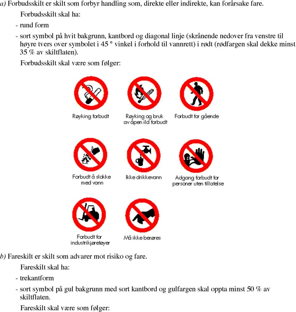 symbolet i 45 vinkel i forhold til vannrett) i rødt (rødfargen skal dekke minst 35 % av skiltflaten).