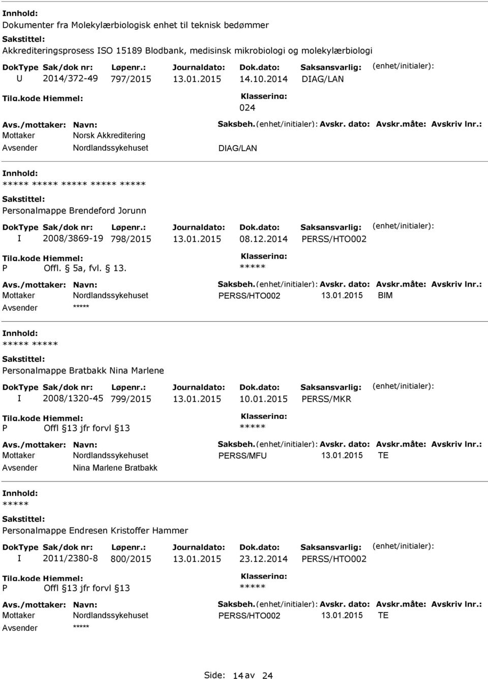 Avs./mottaker: Navn: Saksbeh. Avskr. dato: Avskr.måte: Avskriv lnr.: ERSS/HTO002 BM ersonalmappe Bratbakk Nina Marlene 2008/1320-45 799/2015 10.01.2015 ERSS/MKR Avs./mottaker: Navn: Saksbeh. Avskr. dato: Avskr.måte: Avskriv lnr.: ERSS/MF TE Nina Marlene Bratbakk ersonalmappe Endresen Kristoffer Hammer 2011/2380-8 800/2015 23.