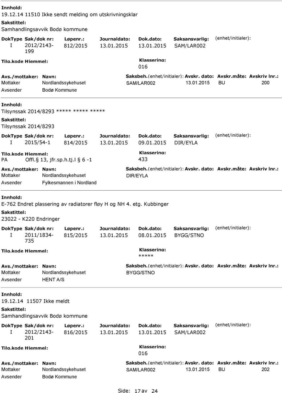 måte: Avskriv lnr.: DR/EYLA Fylkesmannen i Nordland E-762 Endret plassering av radiatorer fløy H og NH 4. etg. Kubbinger 23022 - K220 Endringer Sak/dok nr: 2011/1834-735 Løpenr.