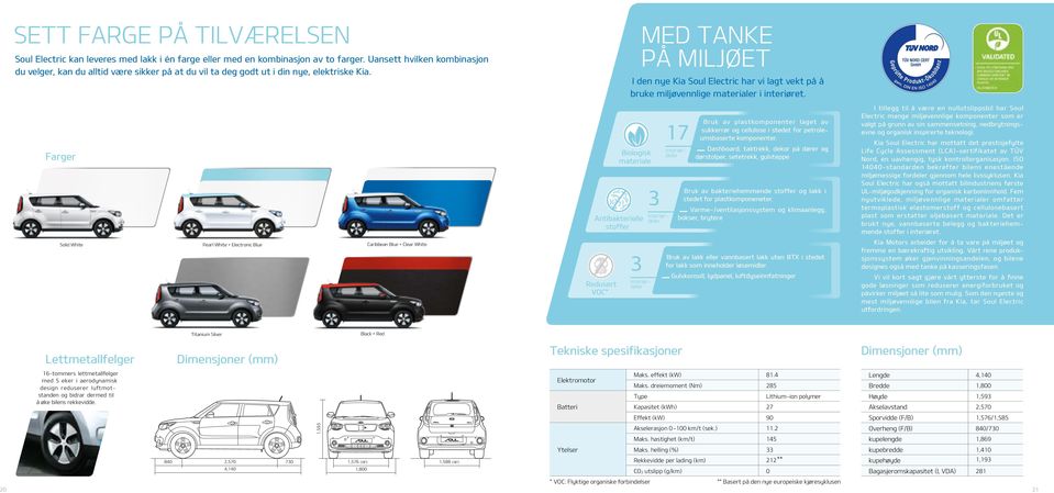 Farger Solid White Pearl White + Electronic Blue Caribbean Blue + Clear White Redusert VOC* Biologisk materiale Antibakterielle Bio Materials stoffer 3 MED TANKE PÅ MILJØET I den nye Kia Soul