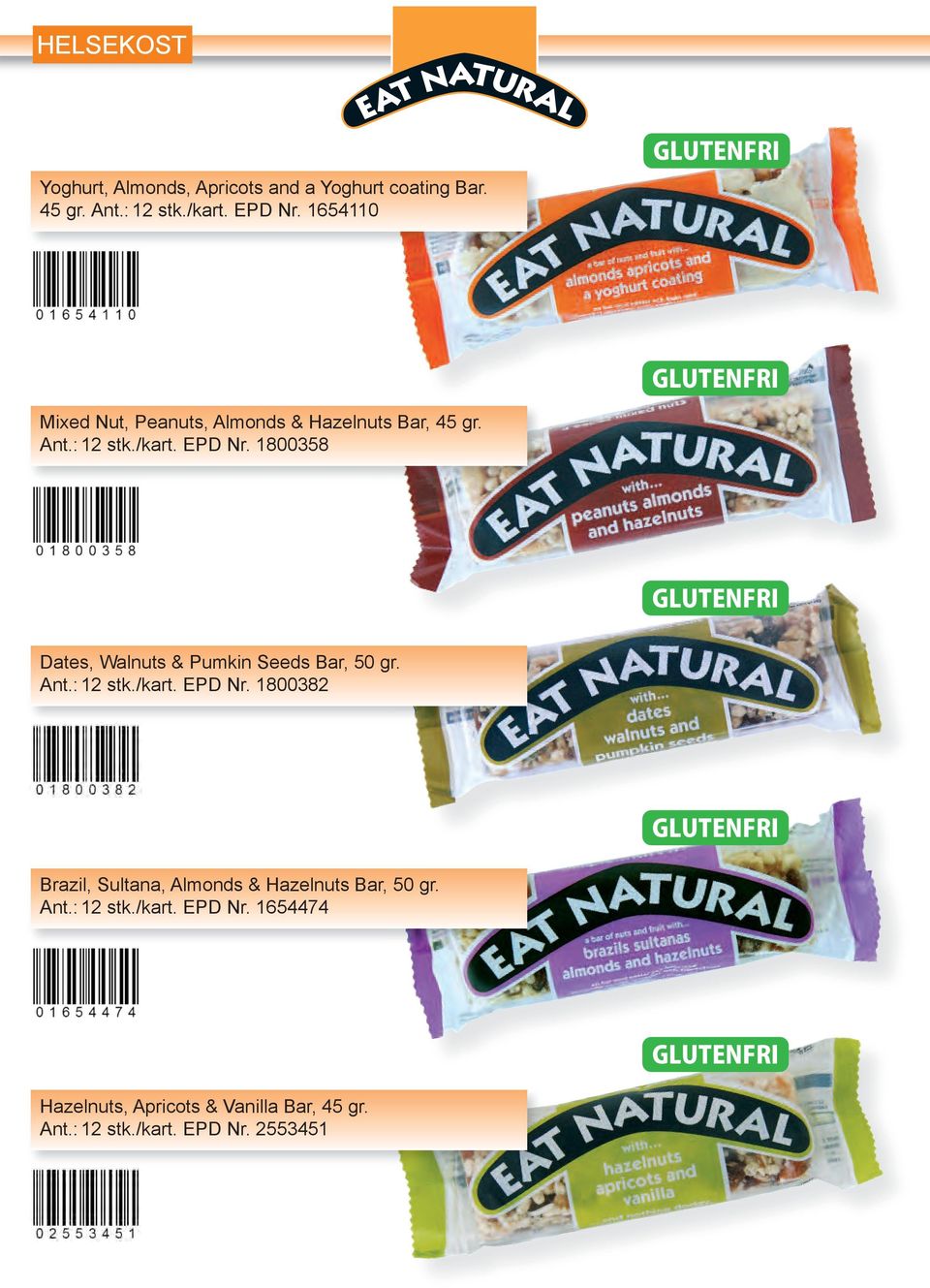 1800358 GLUTENFRI Dates, Walnuts & Pumkin Seeds Bar, 50 gr. Ant.: 12 stk./kart. EPD Nr.