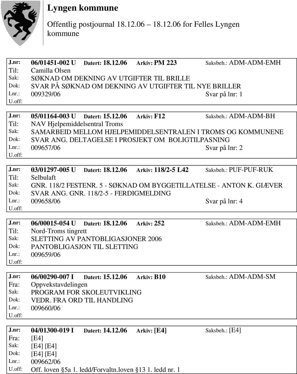 nr: 05/01164-003 U Datert: 15.12.06 Arkiv: F12 Saksbeh.: ADM-ADM-BH Til: NAV Hjelpemiddelsentral Troms Sak: SAMARBEID MELLOM HJELPEMIDDELSENTRALEN I TROMS OG KOMMUNENE Dok: SVAR ANG.