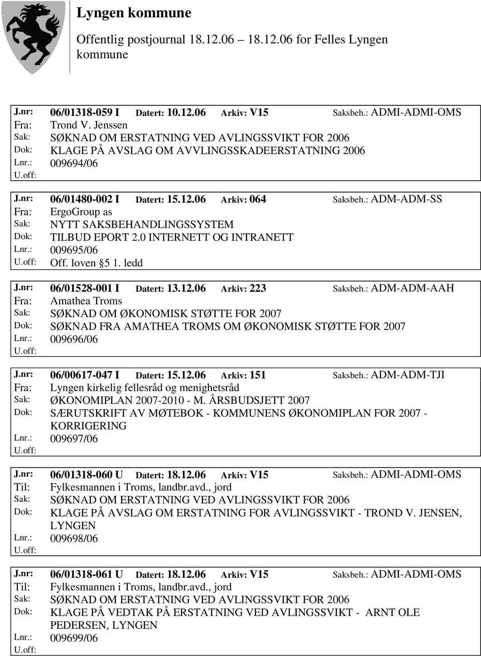 06 Arkiv: 223 Saksbeh.: ADM-ADM-AAH Fra: Amathea Troms Sak: SØKNAD OM ØKONOMISK STØTTE FOR 2007 Dok: SØKNAD FRA AMATHEA TROMS OM ØKONOMISK STØTTE FOR 2007 Lnr.: 009696/06 J.