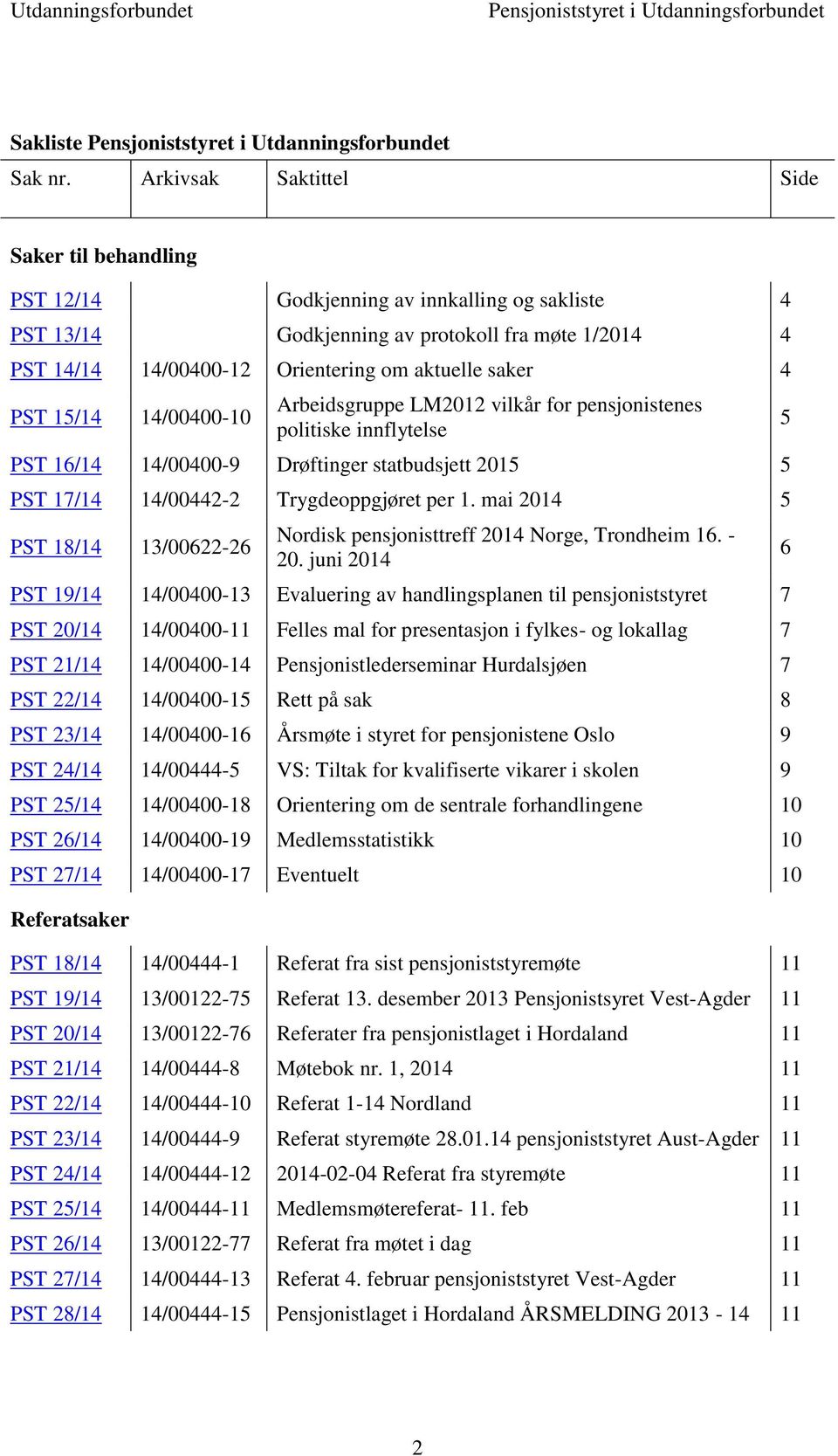 4 PST 15/14 14/00400-10 Arbeidsgruppe LM2012 vilkår for pensjonistenes politiske innflytelse PST 16/14 14/00400-9 Drøftinger statbudsjett 2015 5 PST 17/14 14/00442-2 Trygdeoppgjøret per 1.