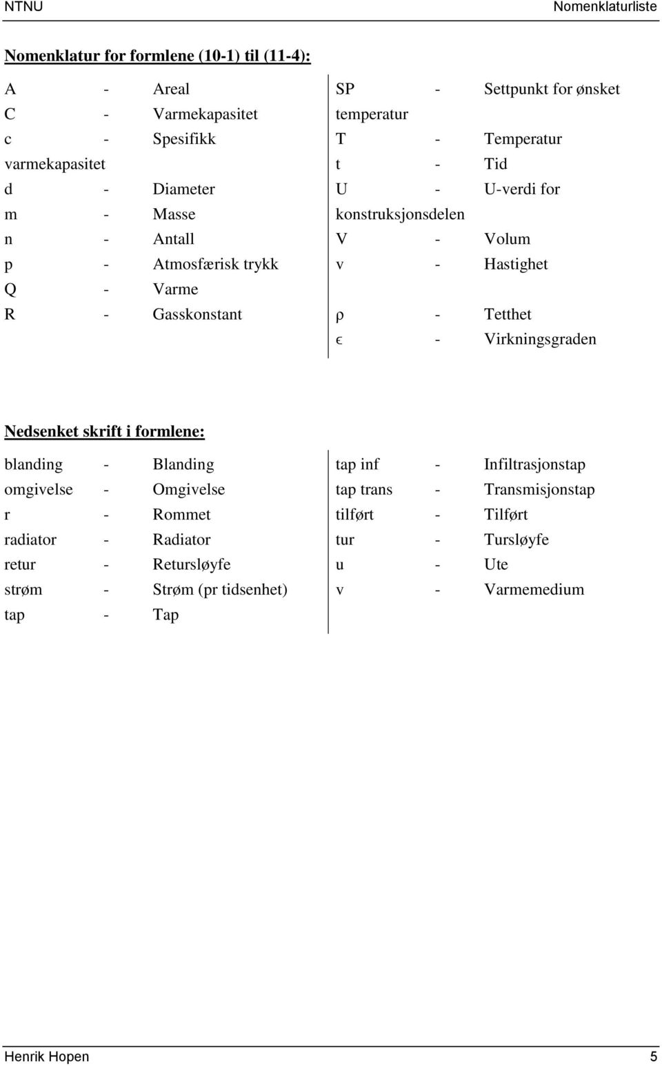 Hastighet ρ - Tetthet ϵ - Virkningsgraden Nedsenket skrift i formlene: blanding - Blanding omgivelse - Omgivelse r - Rommet radiator - Radiator retur -