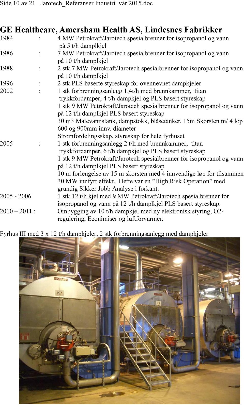 isopropanol og vann på 10 t/h damplkjel 1988 : 2 stk 7 MW Petrokraft/Jarotech spesialbrenner for isopropanol og vann på 10 t/h damplkjel 1996 : 2 stk PLS baserte styreskap for ovennevnet dampkjeler