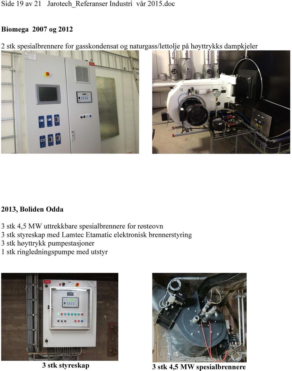 dampkjeler 2013, Boliden Odda 3 stk 4,5 MW uttrekkbare spesialbrennere for røsteovn 3 stk styreskap