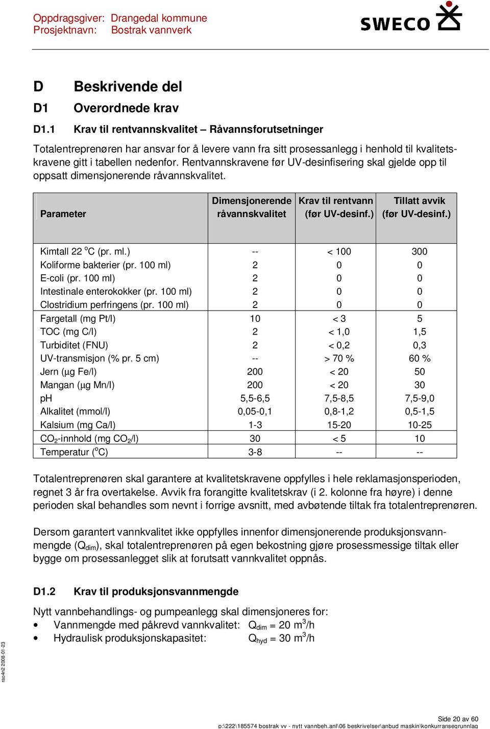 Rentvannskravene før UV-desinfisering skal gjelde opp til oppsatt dimensjonerende råvannskvalitet. Parameter Dimensjonerende råvannskvalitet Krav til rentvann (før UV-desinf.