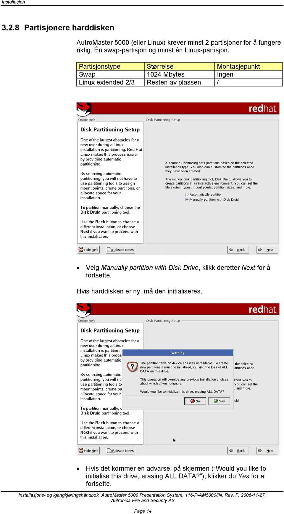 Partisjonstype Størrelse Montasjepunkt Swap 1024 Mbytes Ingen Linux extended 2/3 Resten av plassen / Velg Manually partition with