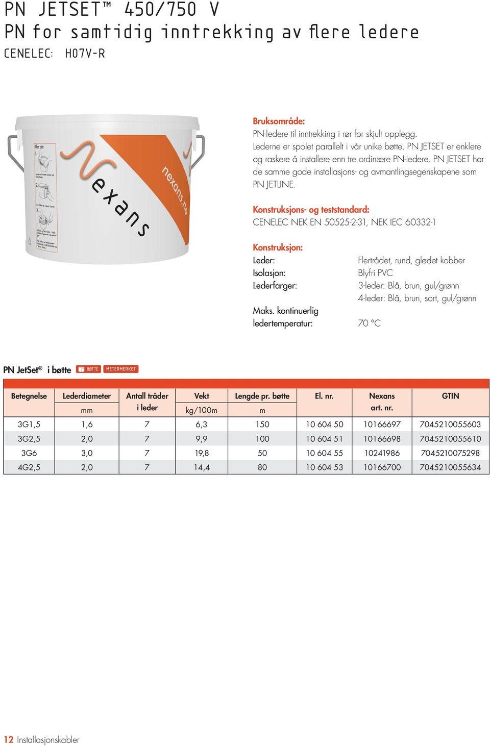 CENELEC NEK EN 50525-2-31, NEK IEC 60332-1 Lederfarger: ledertemperatur: 70 C Flertrådet, rund, glødet kobber Blyfri PVC 3-leder: Blå, brun, gul/grønn 4-leder: Blå, brun, sort, gul/grønn PN JetSet i