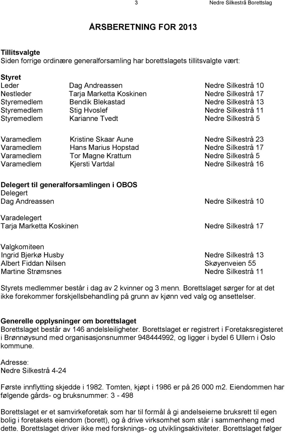 Varamedlem Kristine Skaar Aune Nedre Silkestrå 23 Varamedlem Hans Marius Hopstad Nedre Silkestrå 17 Varamedlem Tor Magne Krattum Nedre Silkestrå 5 Varamedlem Kjersti Vartdal Nedre Silkestrå 16