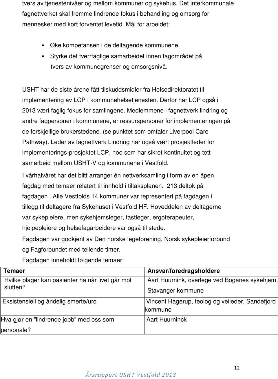 Temaer USHT har de siste årene fått tilskuddsmidler fra Helsedirektoratet til implementering av LCP i kommunehelsetjenesten. Derfor har LCP også i 2013 vært faglig fokus for samlingene.