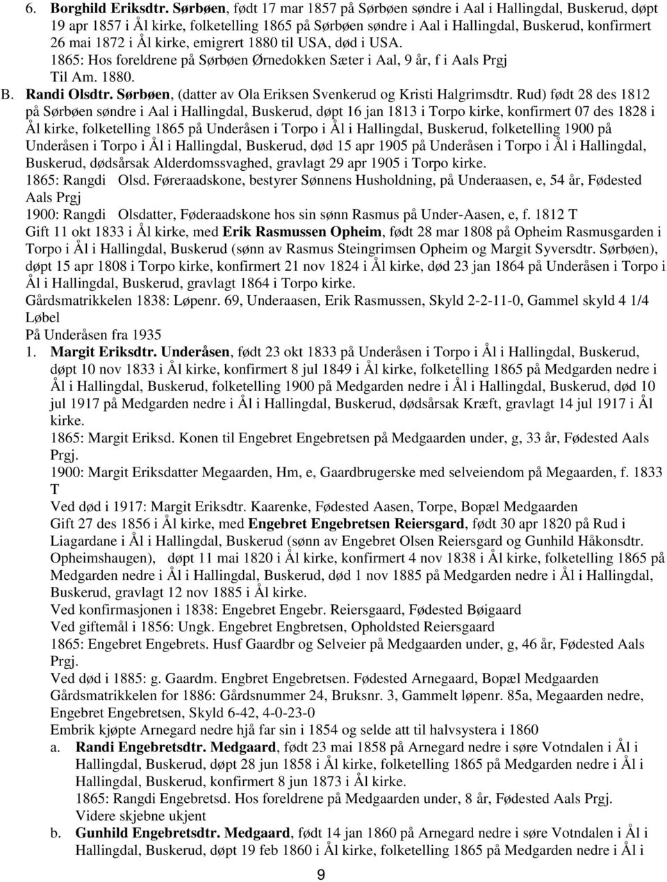 kirke, emigrert 1880 til USA, død i USA. 1865: Hos foreldrene på Sørbøen Ørnedokken Sæter i Aal, 9 år, f i Aals Prgj Til Am. 1880. B. Randi Olsdtr.