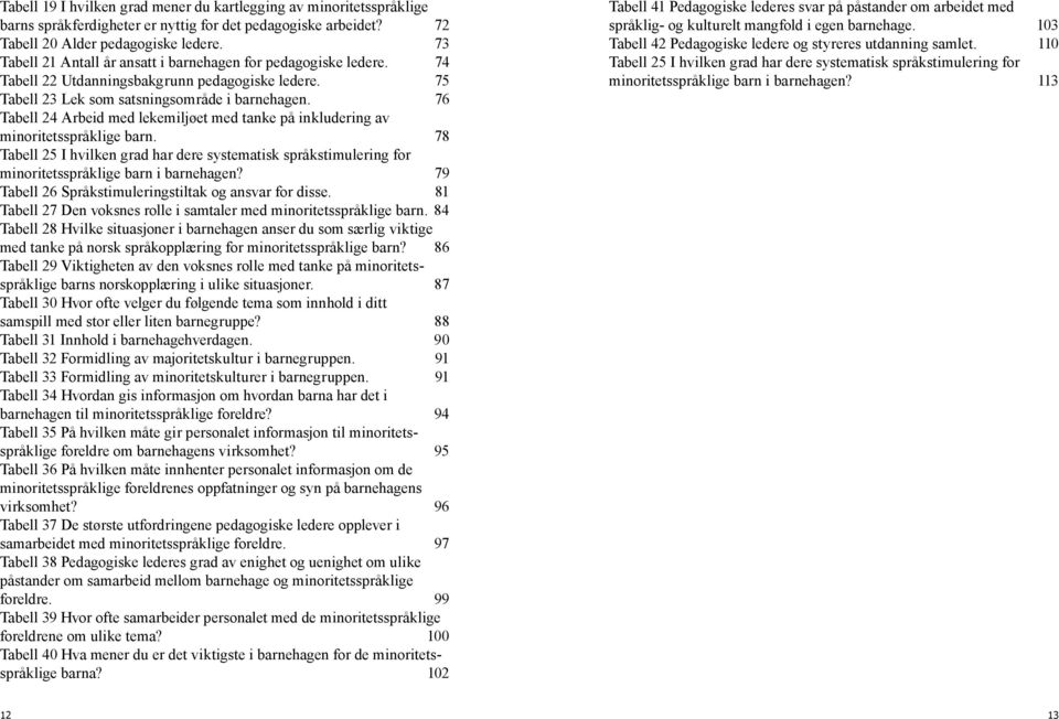 76 Tabell 24 Arbeid med lekemiljøet med tanke på inkludering av minoritets språklige barn. 78 Tabell 25 I hvilken grad har dere systematisk språkstimulering for minoritetsspråklige barn i barnehagen?