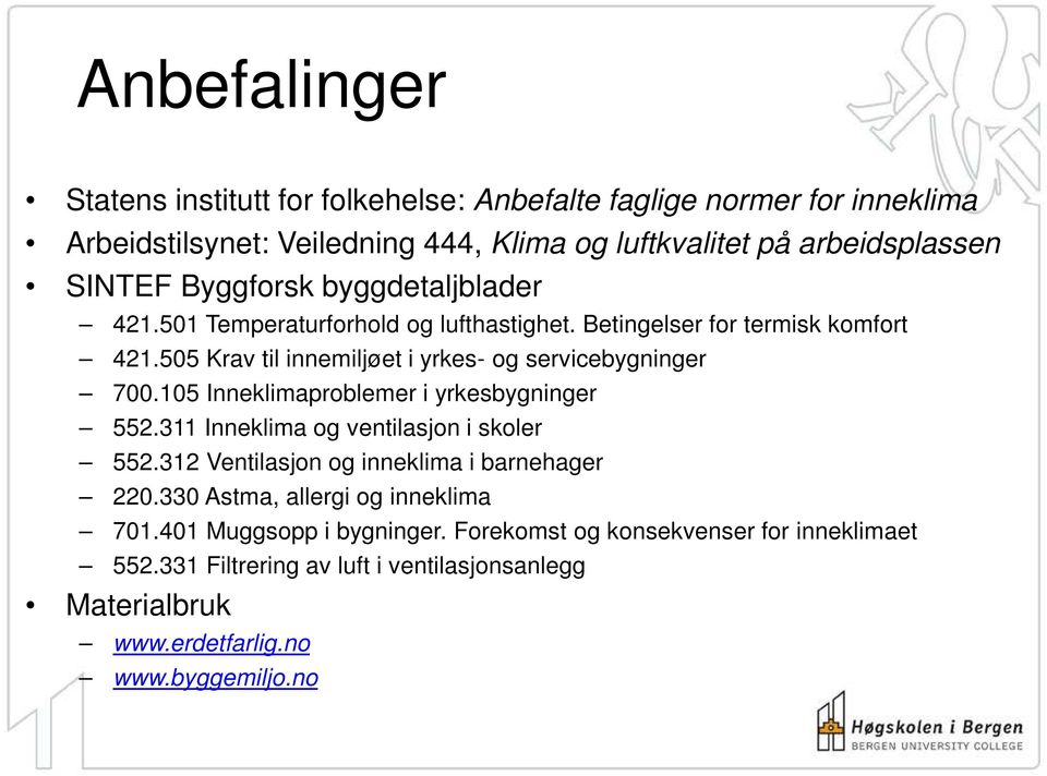 105 Inneklimaproblemer i yrkesbygninger 552.311 Inneklima og ventilasjon i skoler 552.312 Ventilasjon og inneklima i barnehager 220.