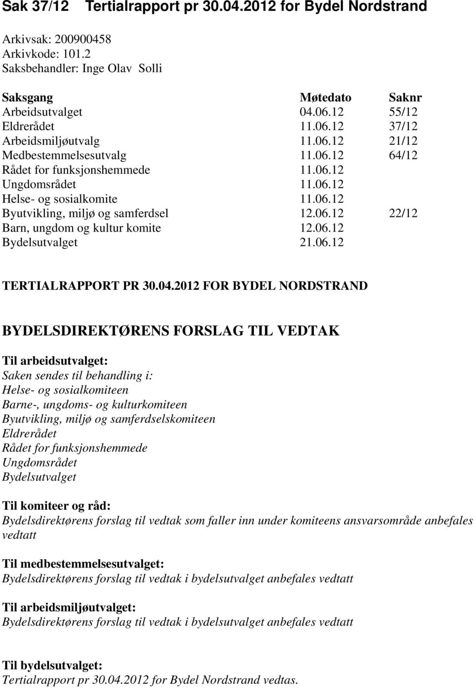 06.12 22/12 Barn, ungdom og kultur komite 12.06.12 Bydelsutvalget 21.06.12 TERTIALRAPPORT PR 30.04.