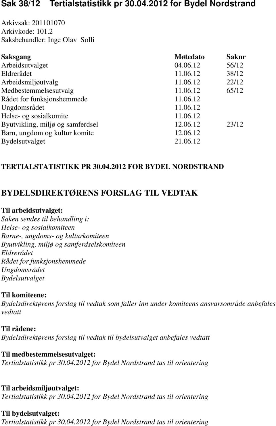 06.12 23/12 Barn, ungdom og kultur komite 12.06.12 Bydelsutvalget 21.06.12 TERTIALSTATISTIKK PR 30.04.