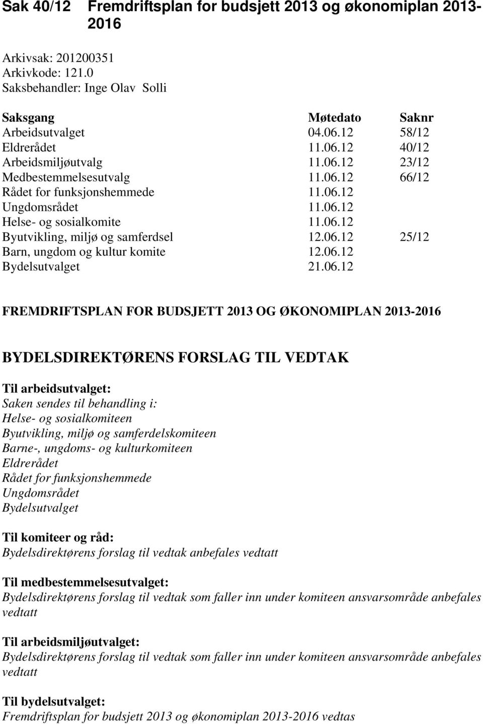 06.12 25/12 Barn, ungdom og kultur komite 12.06.12 Bydelsutvalget 21.06.12 FREMDRIFTSPLAN FOR BUDSJETT 2013 OG ØKONOMIPLAN 2013-2016 BYDELSDIREKTØRENS FORSLAG TIL VEDTAK Til arbeidsutvalget: Saken