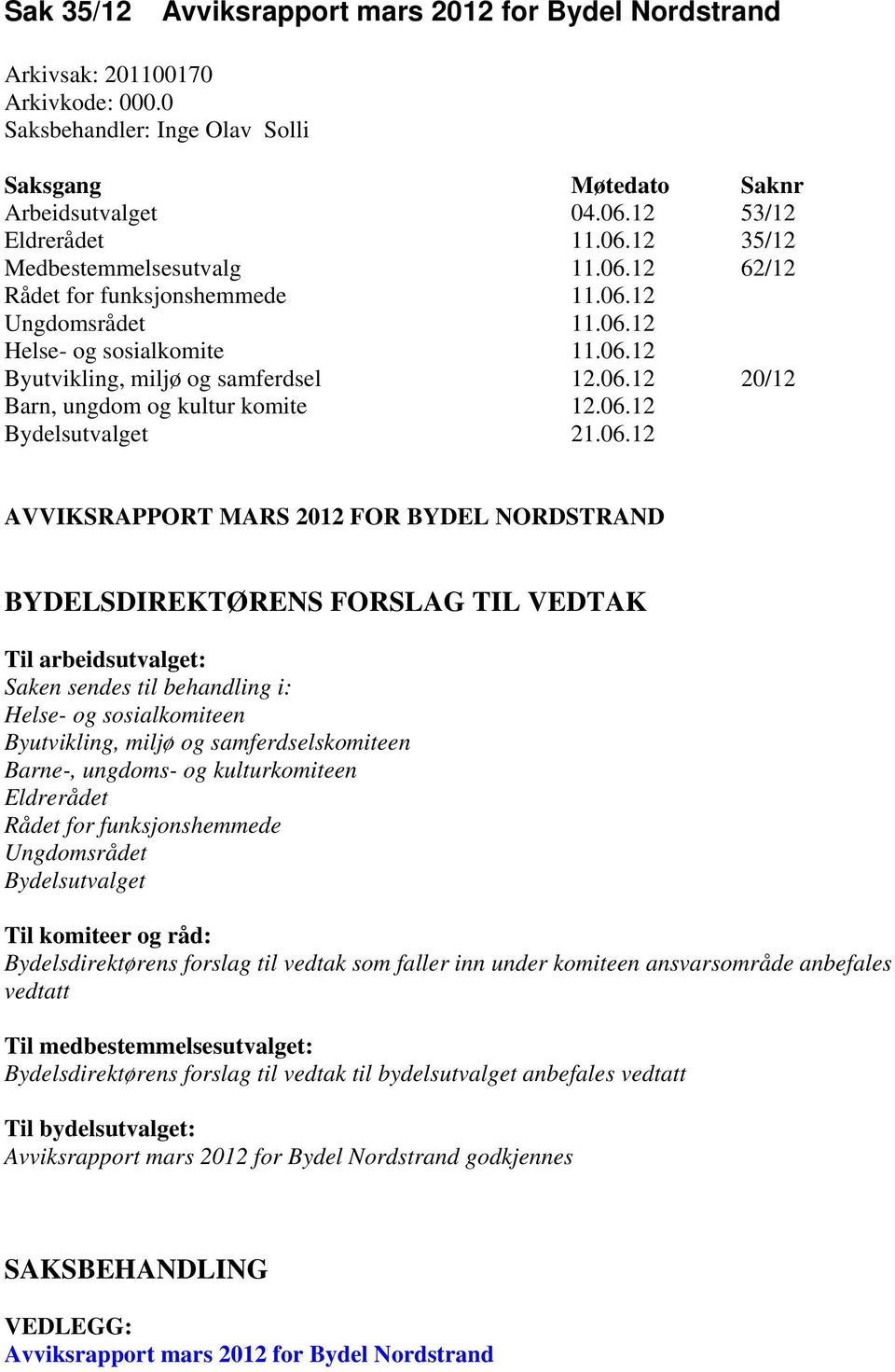 06.12 20/12 Barn, ungdom og kultur komite 12.06.12 Bydelsutvalget 21.06.12 AVVIKSRAPPORT MARS 2012 FOR BYDEL NORDSTRAND BYDELSDIREKTØRENS FORSLAG TIL VEDTAK Til arbeidsutvalget: Saken sendes til