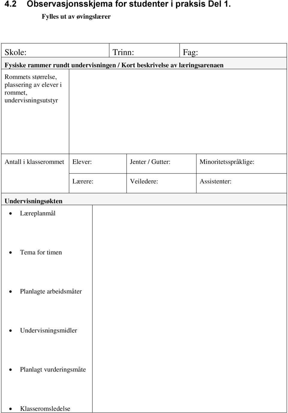 Rommets størrelse, plassering av elever i rommet, undervisningsutstyr Antall i klasserommet Elever: Jenter / Gutter: