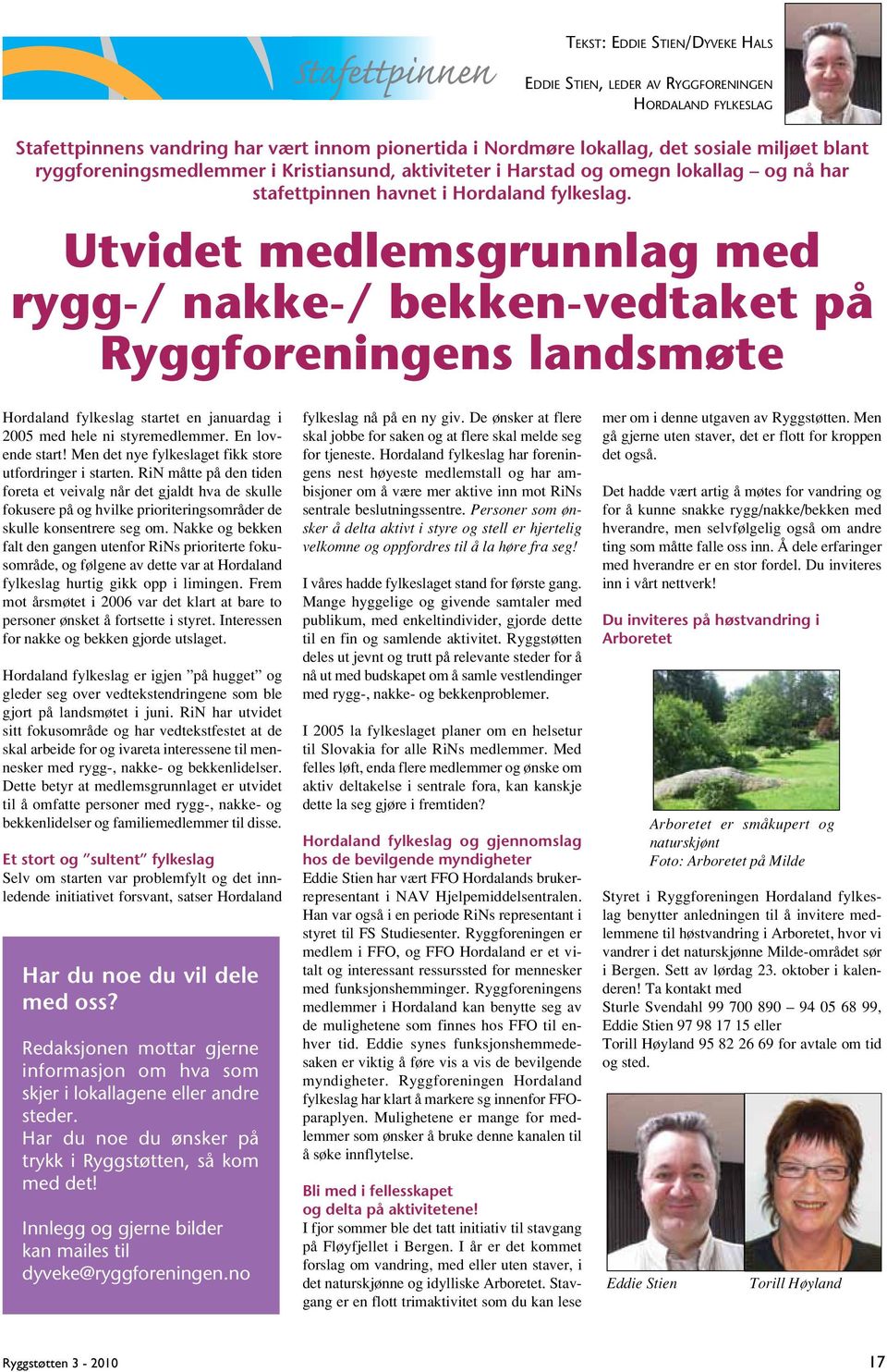 Utvidet medlemsgrunnlag med rygg-/ nakke-/ bekken-vedtaket på Ryggforeningens landsmøte Hordaland fylkeslag startet en januardag i 2005 med hele ni styremedlemmer. En lovende start!