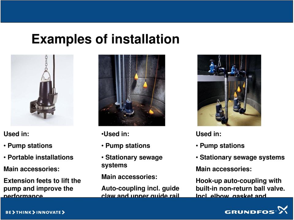 Used in: Pump stations Stationary sewage systems Main accessories: Auto-coupling incl.