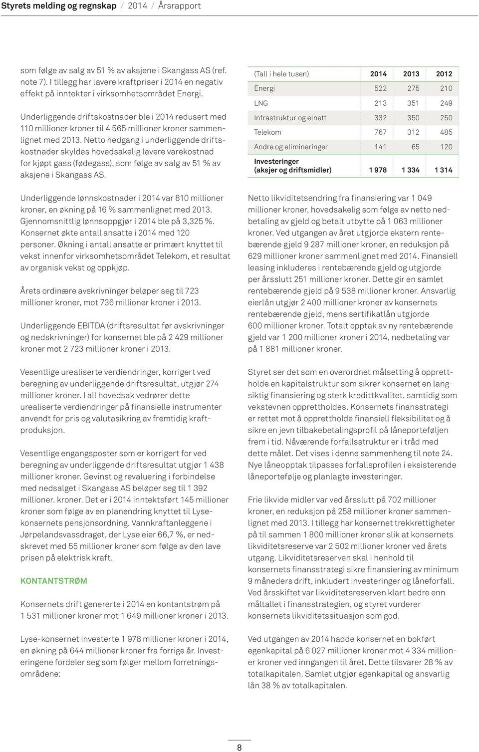 Netto nedgang i underliggende driftskostnader skyldes hovedsakelig lavere varekostnad for kjøpt gass (fødegass), som følge av salg av 51 % av aksjene i Skangass AS.