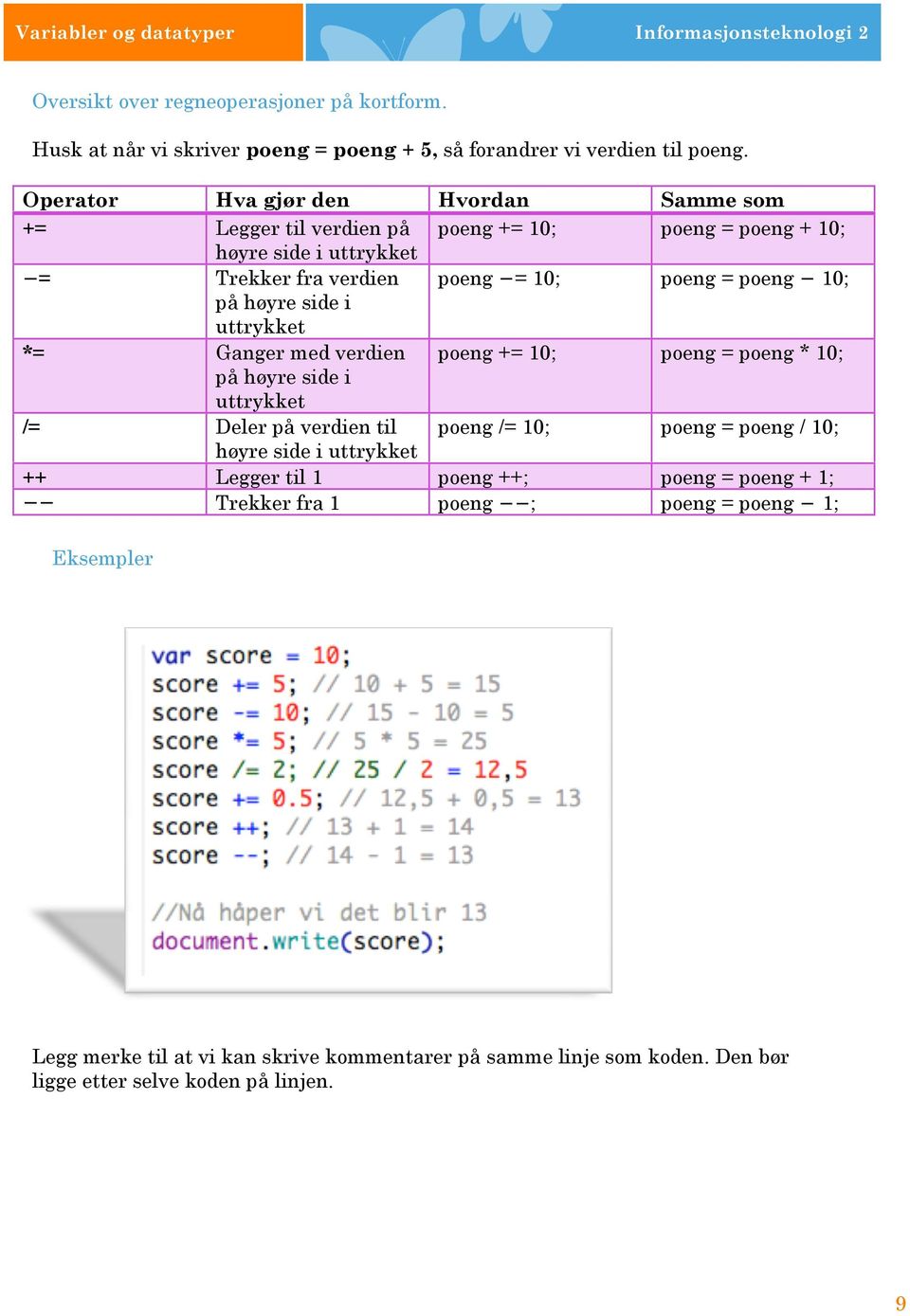 side i uttrykket *= Ganger med verdien poeng += 10; poeng = poeng * 10; på høyre side i uttrykket /= Deler på verdien til poeng /= 10; poeng = poeng / 10; høyre side i uttrykket ++