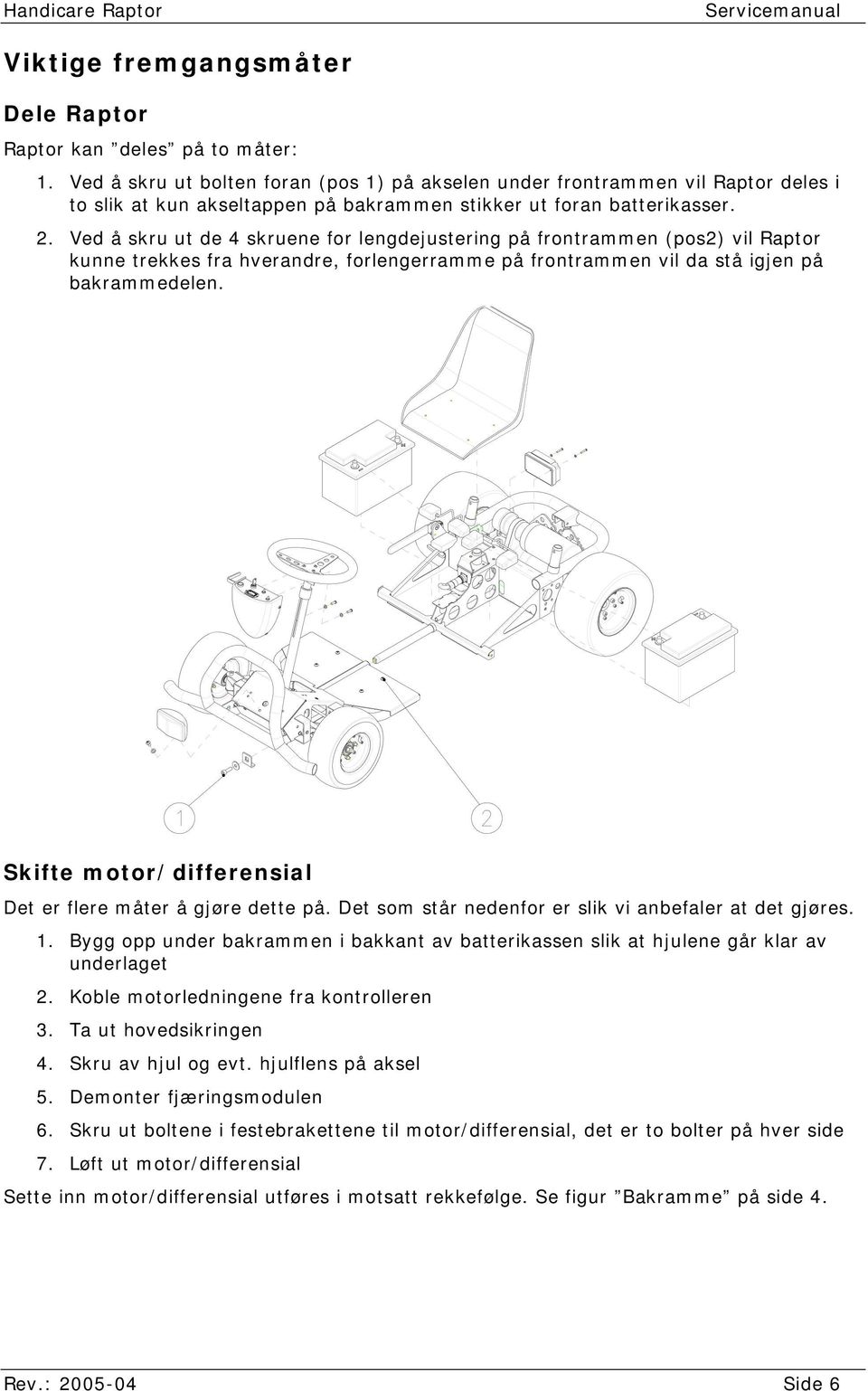 Ved å skru ut de 4 skruene for lengdejustering på frontrammen (pos2) vil Raptor kunne trekkes fra hverandre, forlengerramme på frontrammen vil da stå igjen på bakrammedelen.